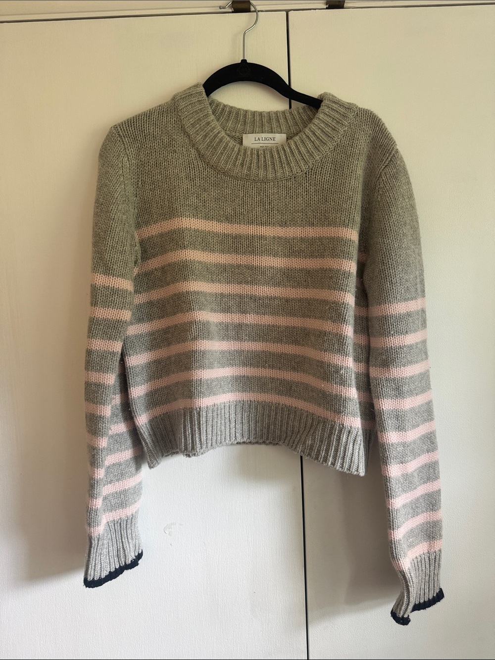 La Ligne Mini Marin Gray with Pink Stripe Cropped Crewneck Sweater